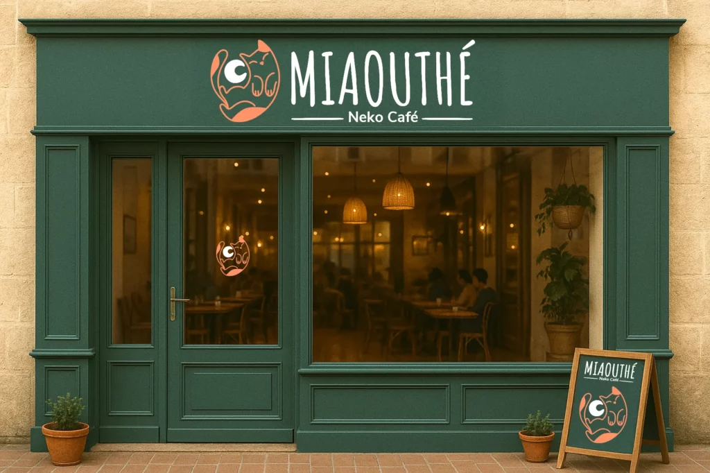 Façade de Miaouthé Bordeaux, Neko Café chaleureux au vert profond et logo félin, invitant à une pause gourmande et pleine de ronrons